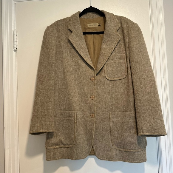 VTG 90s/ Y2K Small Calvin Klein Exposed Beige Stitch Wool Blazer. Button Lined. - Picture 1 of 16